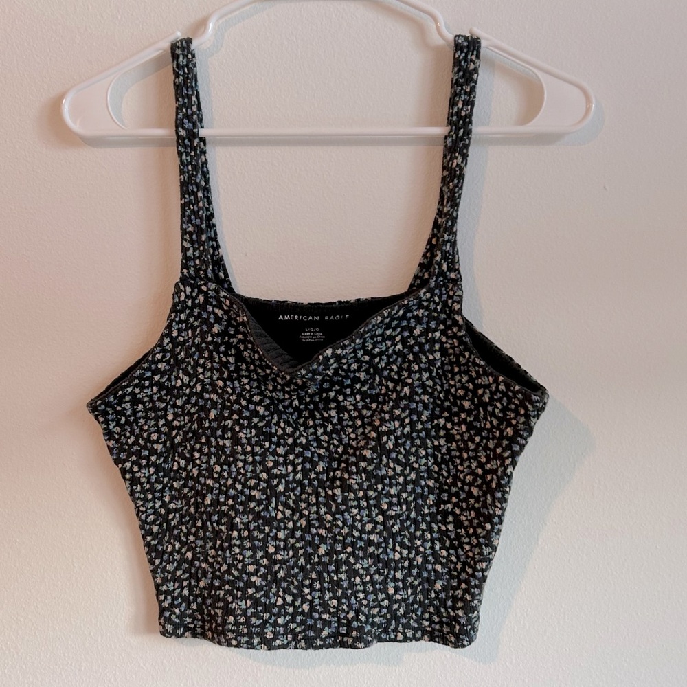 American Eagle AEO black blue white floral tank top